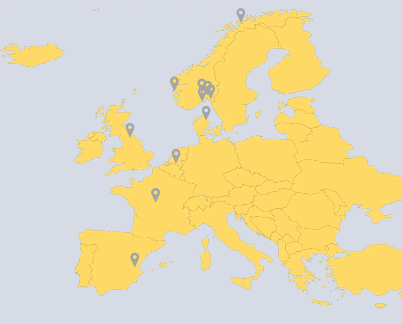 Map of vertical solar research installations from Tromsø to Alicante